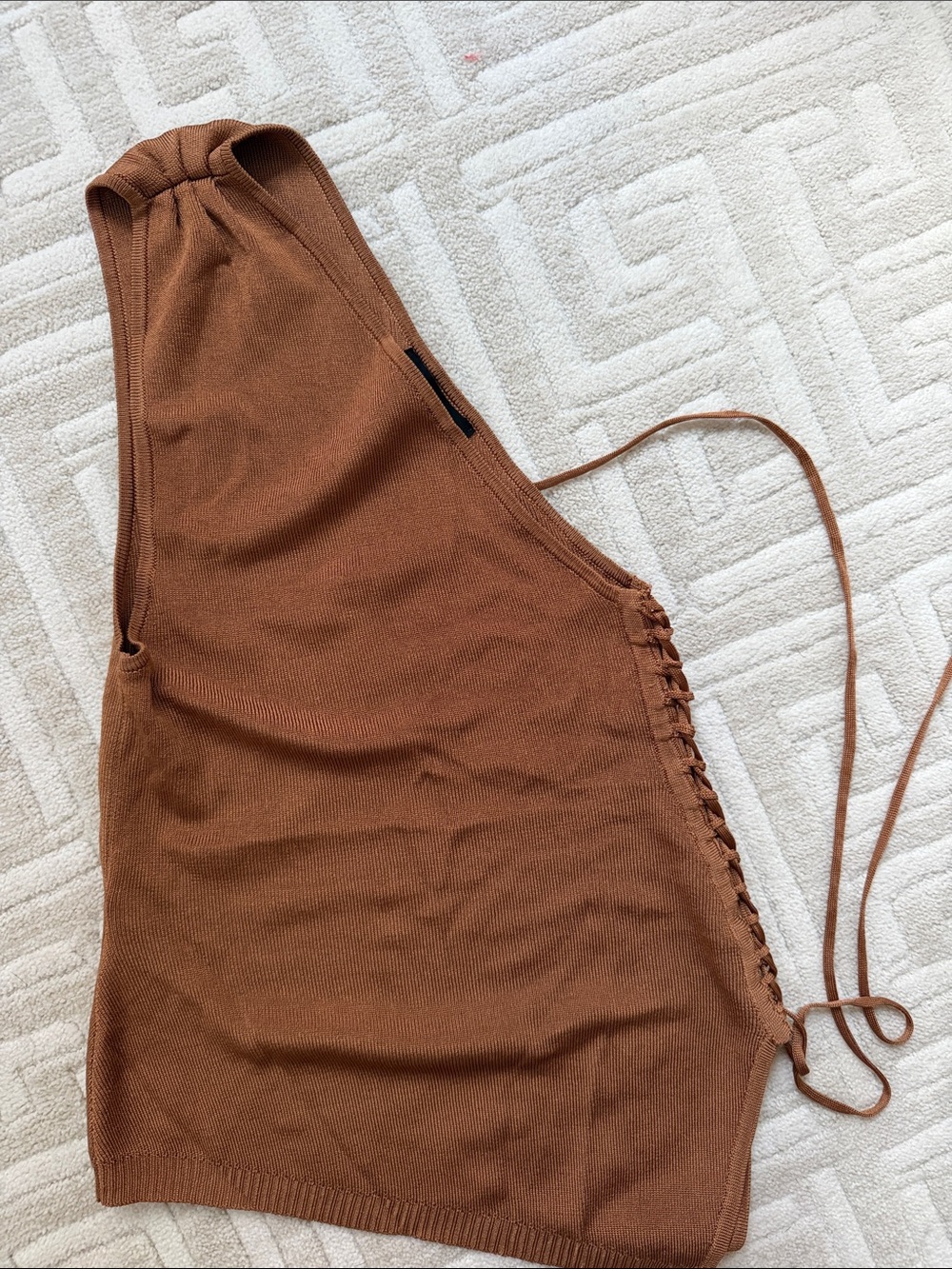One-Shoulder Lace-Up Ribbed Knit Top in Chestnut